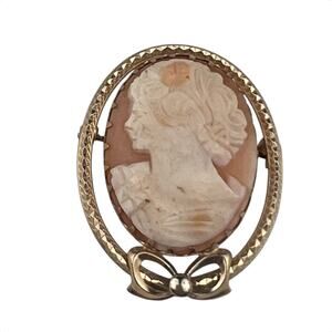 Vintage DE GF Gold Filled Shell Cameo Left Facing Brooch Bow